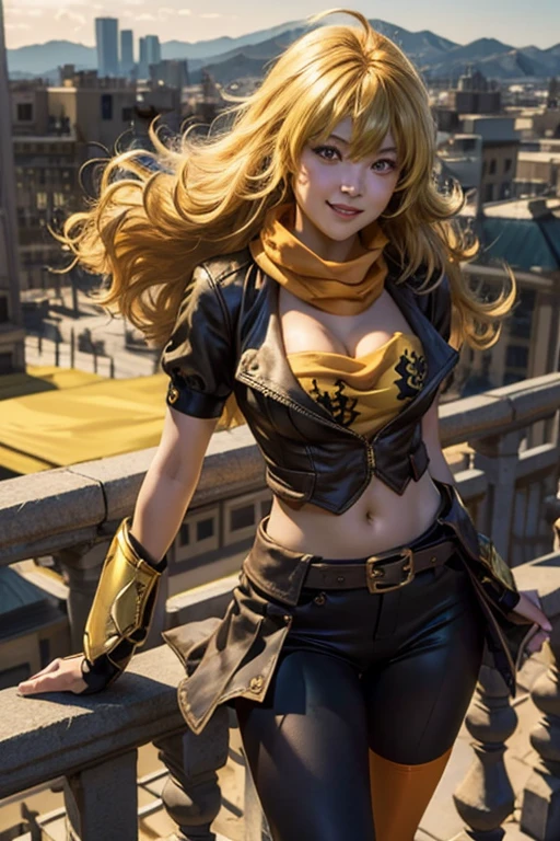 (masterpiece, best quality:1.2), cowboy shot, solo, 1girl, yang xiao long, grin, ahoge, purple eyes, yellow t-shirt, black skirt, pantyhose, boots, black fingerless gloves, orange scarf, midriff, cleavage, large breasts, standing on balcony, cityscape background