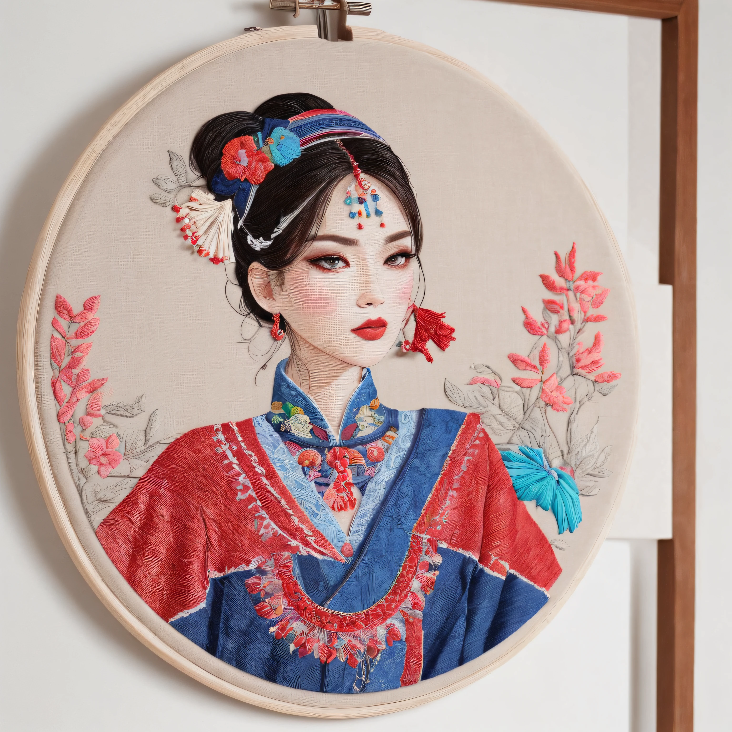 best composition、(Beautiful woman wearing ethnic costume、Thread the thick embroidery thread through the needle、By embroidering a picture of a beautiful girl based on a sketch、A picture of a beautiful girl was embroidered on a round embroidery frame.。.。.)、masutepiece