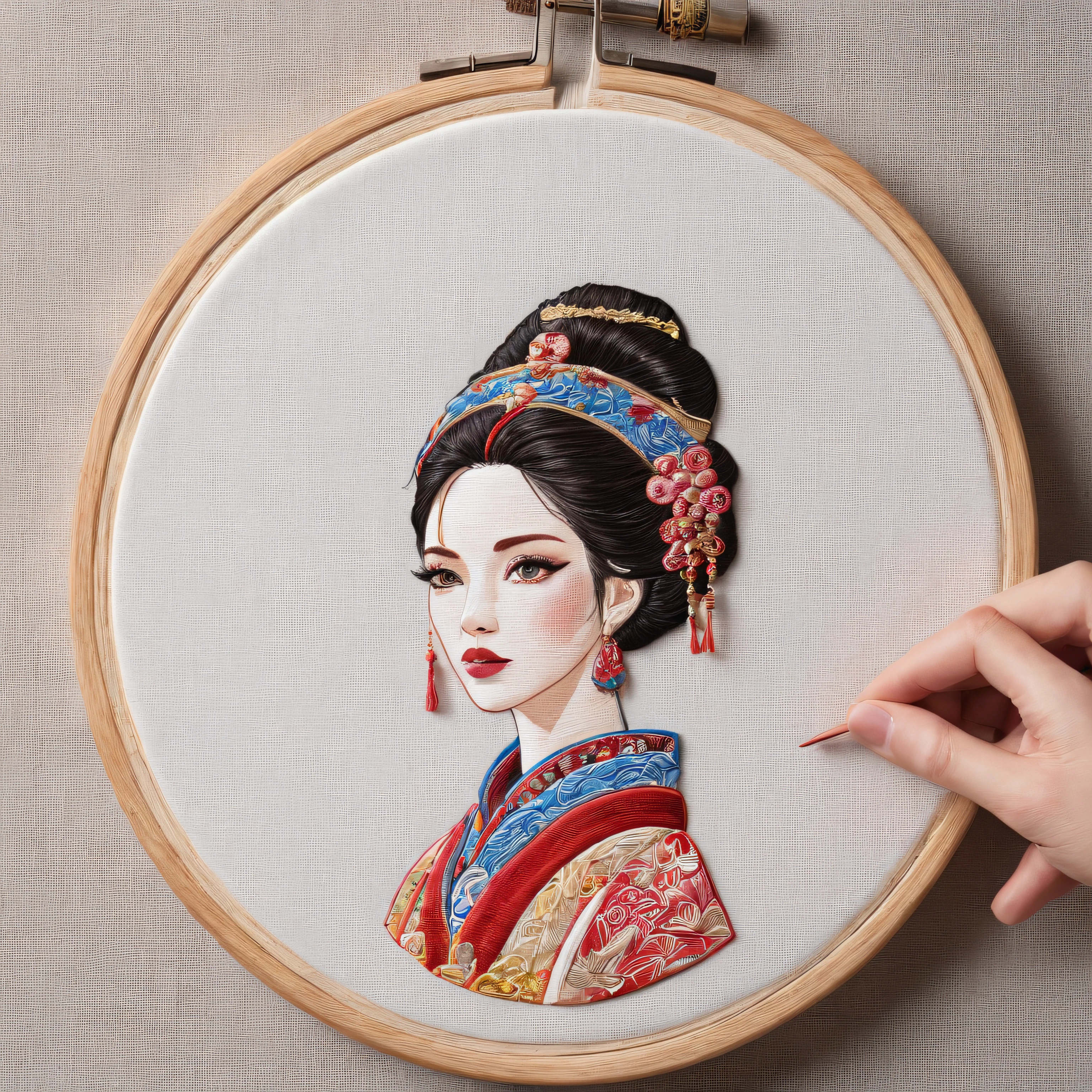 best composition、(Beautiful woman wearing ethnic costume、Thread the thick embroidery thread through the needle、By embroidering a picture of a beautiful girl based on a sketch、A picture of a beautiful girl was embroidered on a round embroidery frame.。.。.)、masutepiece