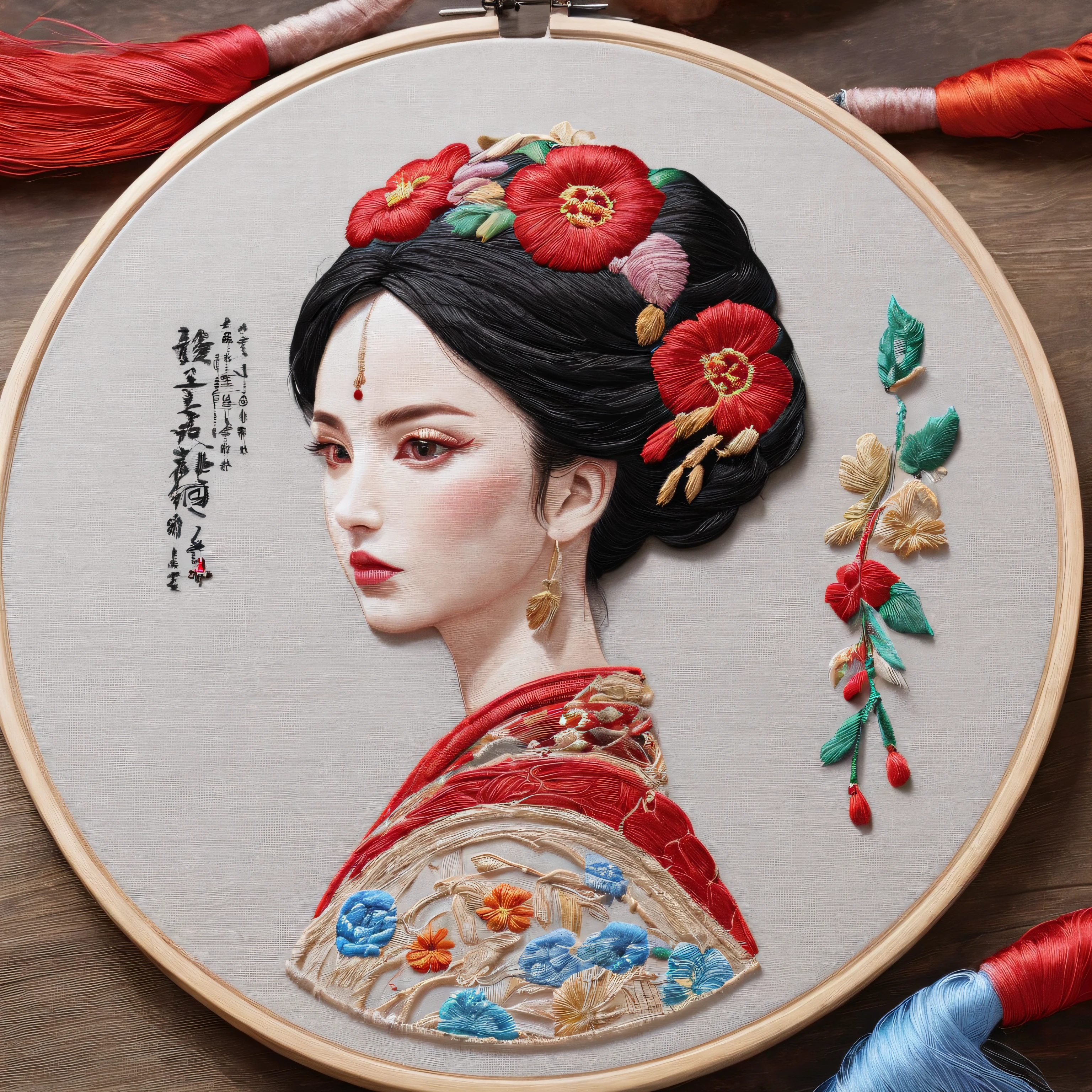 best composition、(Beautiful woman wearing ethnic costume、Thread the thick embroidery thread through the needle、By embroidering a picture of a beautiful girl based on a sketch、A picture of a beautiful girl was embroidered on a round embroidery frame.。.。.)、masutepiece