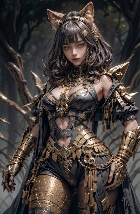 Beautiful brunette girl in gold and black armor., blue eyes, Gold Jewelry, Epic beautiful characters, captured on canon eos r 6,...