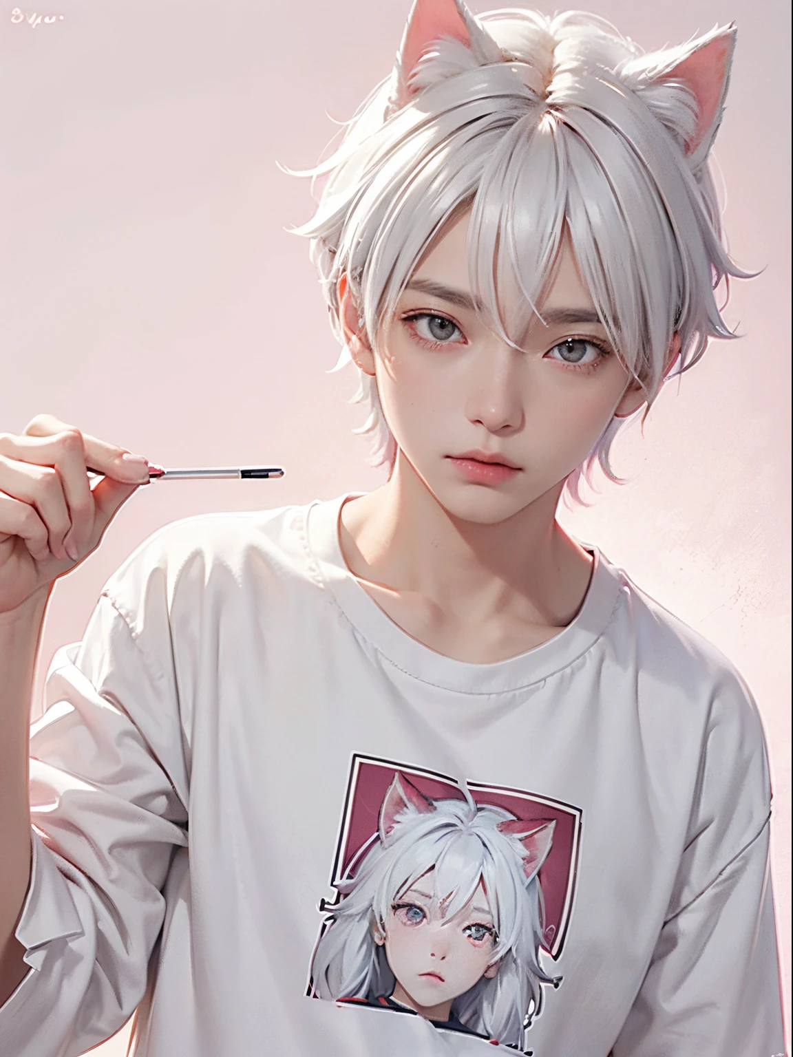 Male No. 1, White hair, red eyes, cat ear, ((style of anime)), Pajama shirt, pastelcolor, pink back ground, Soft brushstrokes