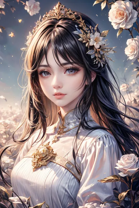 (best quality,8K,CG), detailed upper body, lonely girl, floral forest background, detailed facial features, elegant black long h...