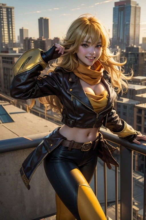 (masterpiece, best quality:1.2), cowboy shot, solo, 1girl, yang xiao long, grin, ahoge, purple eyes, brown jacket, yellow tube top, yoga pants, boots, black fingerless gloves, orange scarf, midriff, cleavage, large breasts, standing on balcony, cityscape background