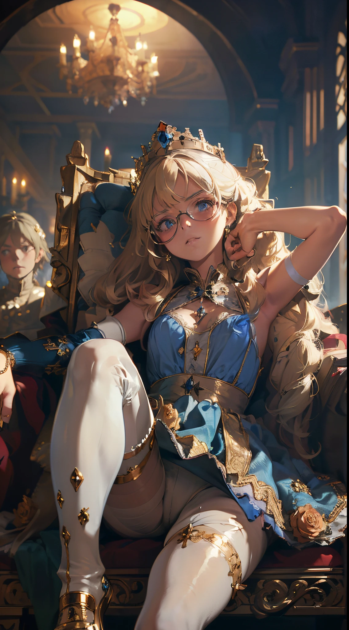 (The highest image quality, master piece:1.2), (Ultra Definition Illustration), (very beautiful littele princes:1.3), (12yo:1.3)  (1 girl:1.2), Solo, nsfw,  (shoot from very below:1.3) ,(condescending look:1.3), (sleeveless gorgeous queen blue dress with roses:1.3), sitting on the throne chair, queen crown, (armpit), spread legs, white panty:1.3), full body, Round baby face, (Glasses, Blonde Short-Cut Hair), (white thigh high pantyhose:1.3), (Evil smile, mean expression), Luxurious palace rooms, Fancy Room, rpgroyalty,