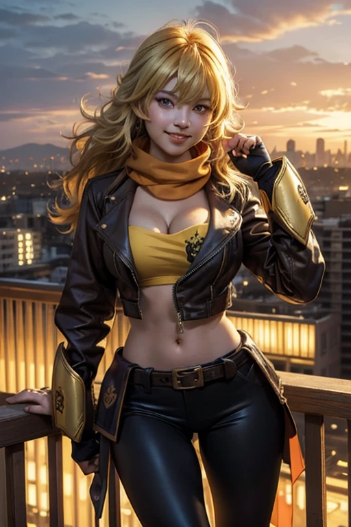 (masterpiece, best quality:1.2), cowboy shot, solo, 1girl, yang xiao long, grin, ahoge, purple eyes, brown jacket, yellow tube top, yoga pants, boots, black fingerless gloves, orange scarf, midriff, cleavage, large breasts, standing on balcony, cityscape background