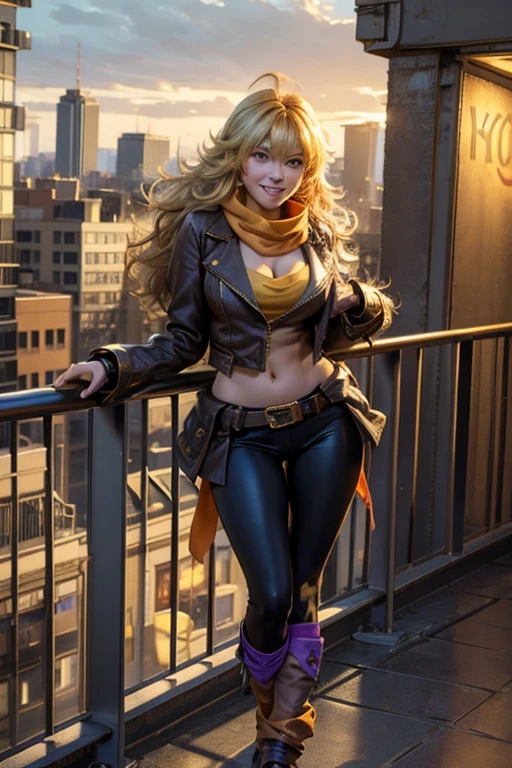 (masterpiece, best quality:1.2), cowboy shot, solo, 1girl, yang xiao long, grin, ahoge, purple eyes, brown jacket, yellow tube top, yoga pants, boots, black fingerless gloves, orange scarf, midriff, cleavage, large breasts, standing on balcony, cityscape background