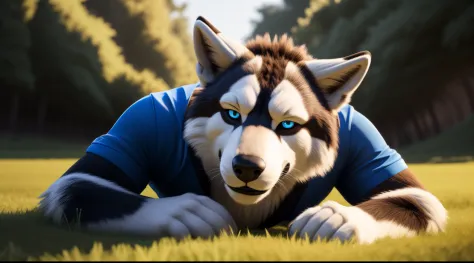a portrait of a super strong pumped and ripped male furry character to use as a cover photo on X (old twitter) blue eyes wearing a black jacket a blue shirt lying on the grass looking at the viewer hot expression a cool smile alone in a forest lying on the grass young adult 28 years old ultra realistic 32K