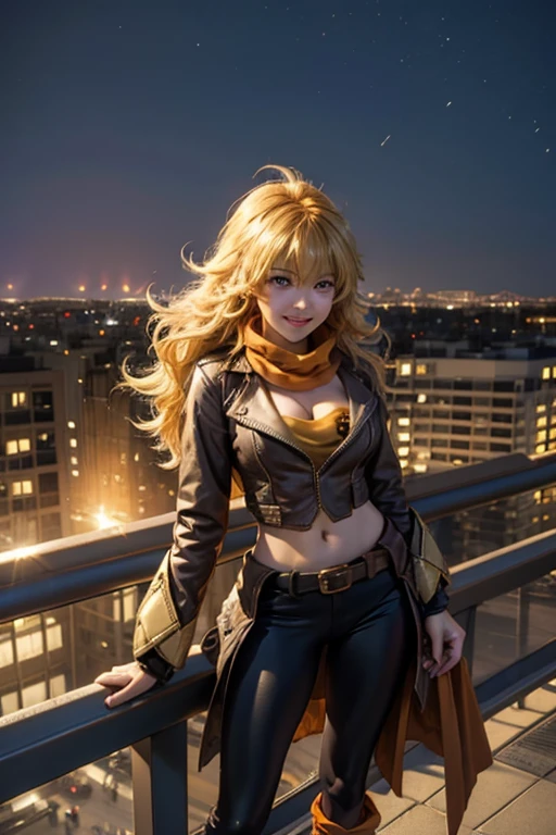 (masterpiece, best quality:1.2), cowboy shot, solo, 1girl, yang xiao long, grin, ahoge, purple eyes, brown jacket, yellow tube top, yoga pants, boots, black fingerless gloves, orange scarf, midriff, cleavage, large breasts, standing on balcony, cityscape background