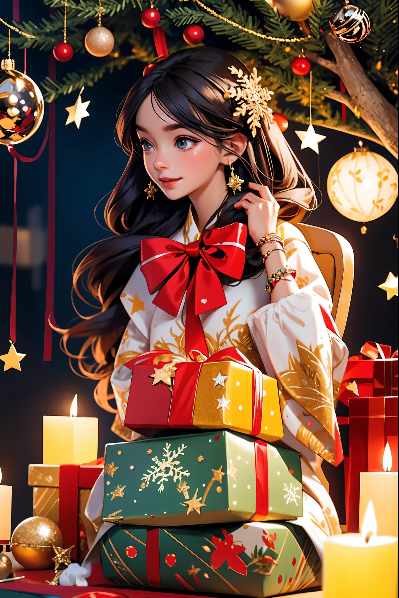 (best quality,4k,8k,highres,masterpiece:1.2),ultra-detailed,realistic,gifts,table,Christmas tree,decorations,wrapping ,bows,ribbon,presents,holiday spirit,vibrant colors,warm lighting,cozy atmosphere,toys,cards,candles,snowflakes,joyful,celebration,exquisite details,exciting surprises,shiny ornaments,sparkling tinsel,beautifully wrapped,excited children,anticipation,festive mood,magical ambiance,delightful moment,wonderful memories,family gathering,cheerful faces,Christmas magic,extravagant,abundance of presents,HDR,UHD,studio lighting,ultra-fine painting,sharp focus,physically-based rendering,professional,vivid colors,bokeh.