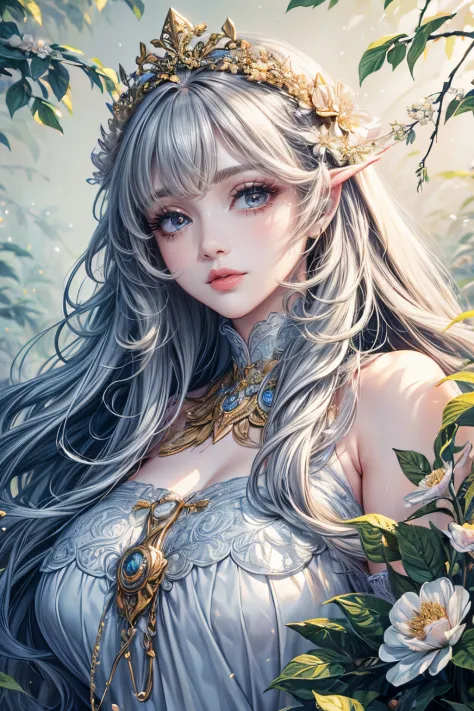 (best quality,8K,CG),detailed upper body,lonesome girl,floral forest background,detailed facial features,elegant long curly hair...