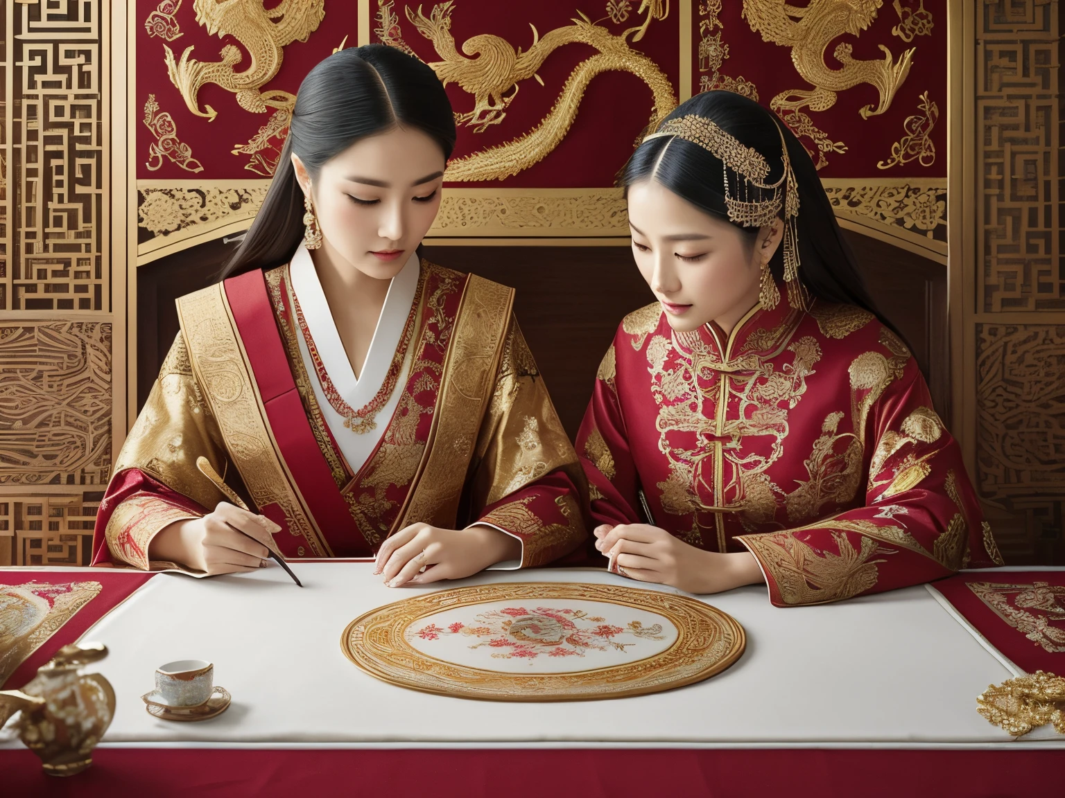 (best quality,4k,8k,highres,masterpiece:1.2),ultra-detailed,(realistic,photorealistic,photo-realistic:1.37),A girl embroidering the imperial coat of arms,traditional embroidery techniques,delicate handstitching,vibrant colored threads,exquisite needlework,beautifully embroidered symbols and patterns,Elegant and intricate motifs,meticulously crafted details,soft and smooth fabric,rich texture and depth,traditional cultural heritage,fine artistry,meticulous attention to detail,subtle shading and highlighting techniques,precise stitch placement,traditional Chinese craftsmanship,intricately embroidered dragons and phoenixes,gold and silver metallic threads,ornate and regal design elements,tactile and dimensional effect,lustrous and vibrant colors,imperial motifs and emblems,proud representation of history and culture,immaculate and flawless embroidery work,meticulous preservation of tradition,stunning and captivating masterpiece,astonishingly detailed and lifelike embroidery,stunning visual display of talent and skill,artistic excellence and precision,majestic and awe-inspiring artwork,elaborate and ornamental decoration,beautiful composition and symmetry,elevated sense of elegance and sophistication,glorious tribute to the emperor and the dynasty,timeless and treasured masterpiece.