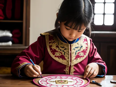 A girl embroidering the imperial coat of arms