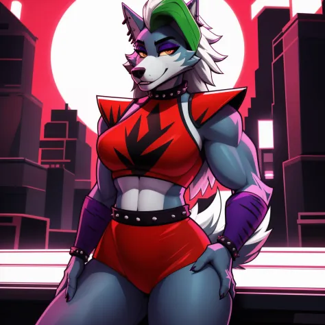 Tall_lanky_muscular_mature_roxanne_wolf female very_fluffy solo Masterpiece best_quality absurdres highly_detailed cleanly_drawn_eyes anthro_only by_claweddrip, by_greasymojo, by_underscore-b, by_runawaystride