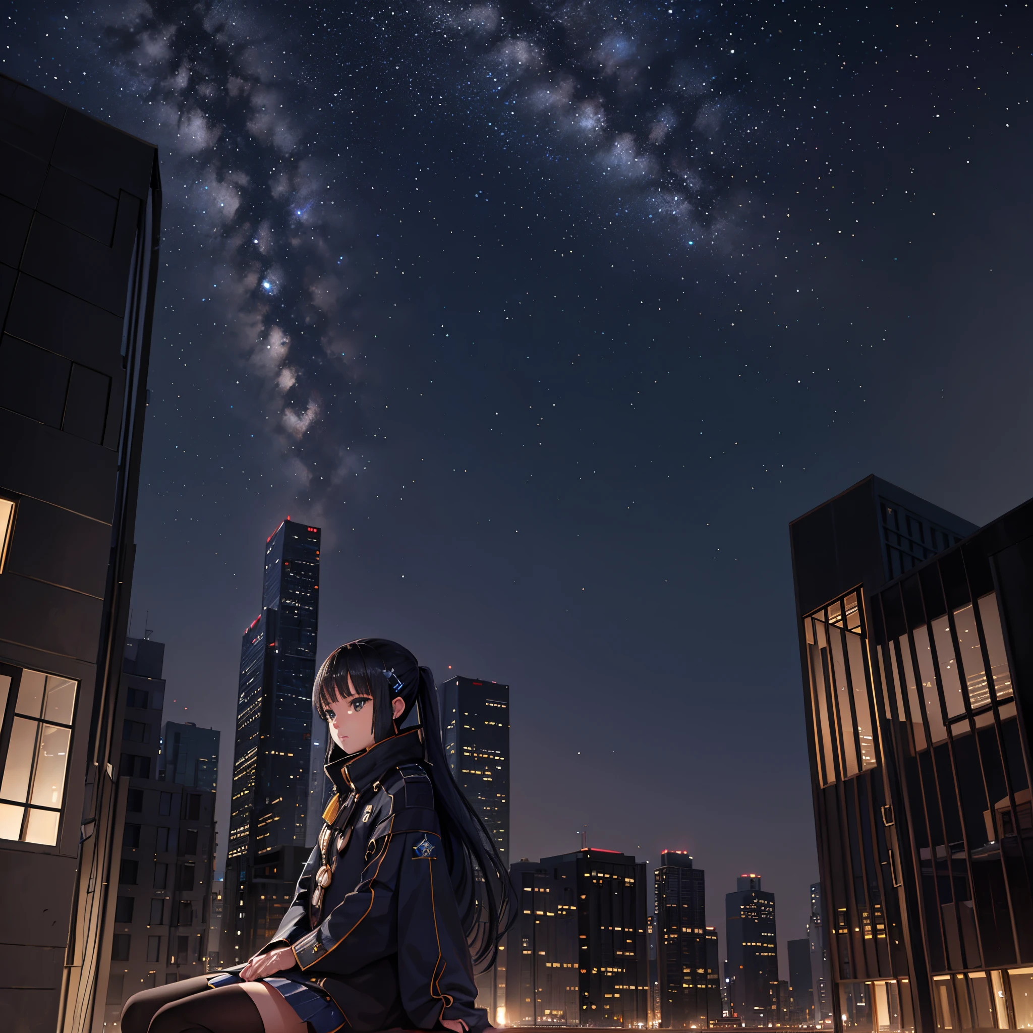 octans, sky, star (sky), scenery, starry sky, night, 1girl, night sky, solo, outdoors, building, cloud, milky way, sitting, tree, long hair, city, silhouette, cityscape