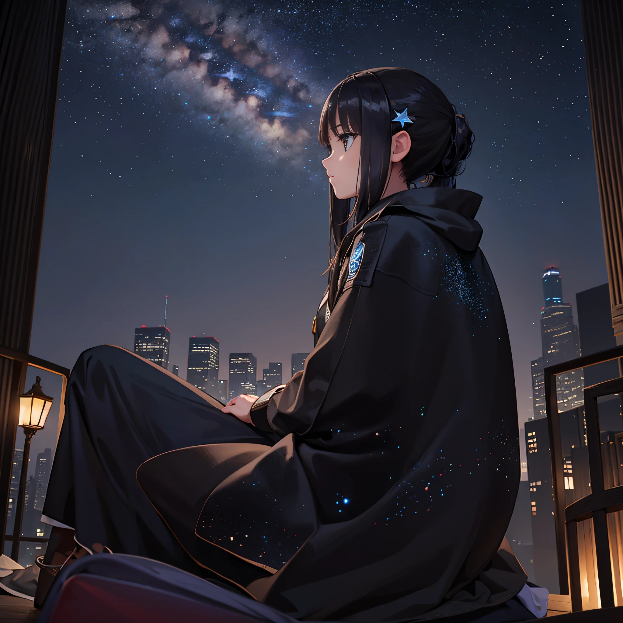 octans, sky, star (sky), scenery, starry sky, night, 1girl, night sky, solo, outdoors, building, cloud, milky way, sitting, tree, long hair, city, silhouette, cityscape