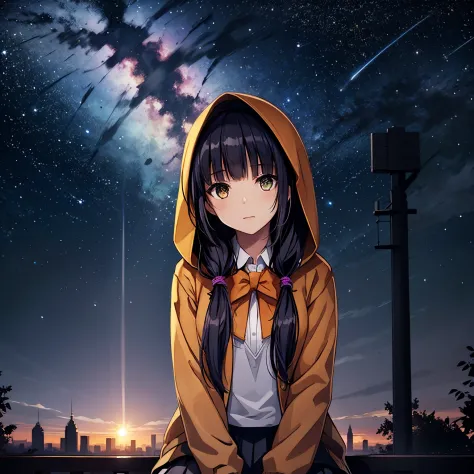 octans, sky, star (sky), scenery, starry sky, night, 1girl, night sky, solo, outdoors, building, cloud, milky way, sitting, tree...