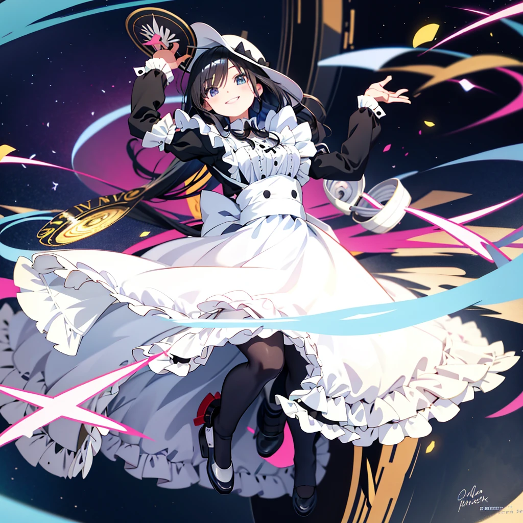 Black-haired anime girl in a maid outfit, White Brim、Bright smile、face of a 
