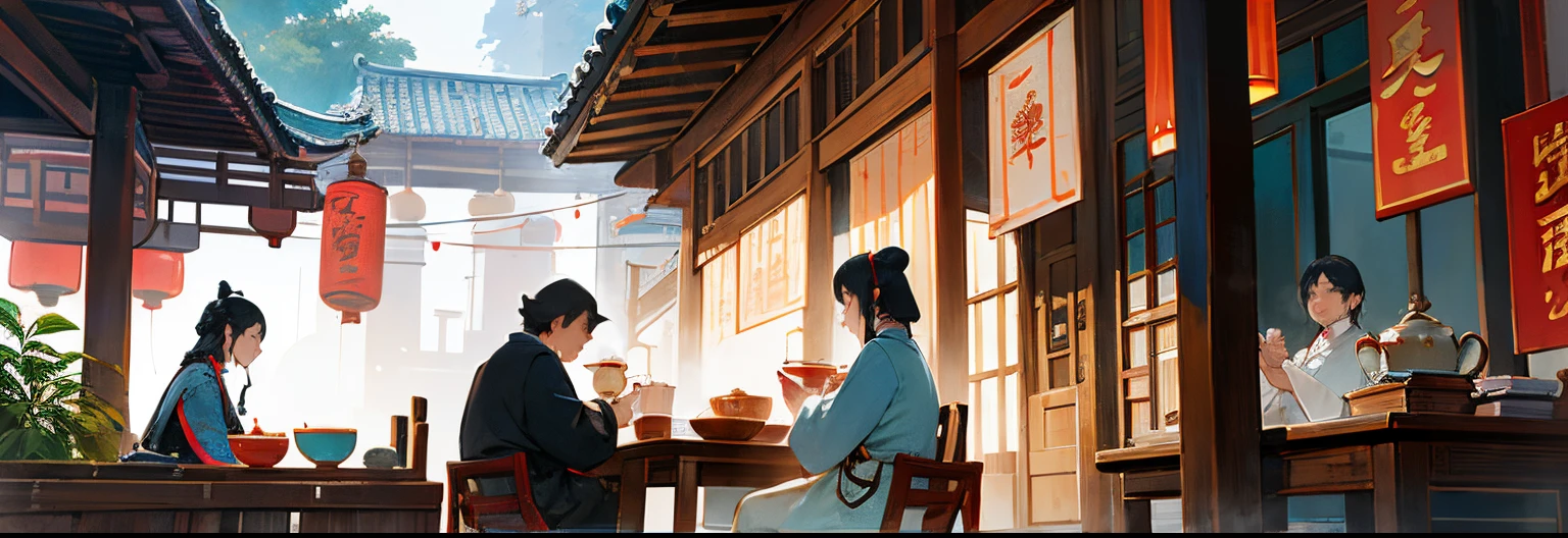 Teahouses in ，leisure time，We drank tea slowly，A person who pours tea from a pot with a long spout，zhouzhuang ancient town, Dream China Town, chinese artist, screenshots from movies，Ultra photo realsisim，high detal，8K resolution，filmposter， Chinese heritage, atmosphere