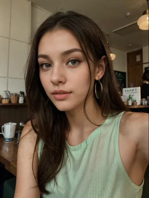 Photo of a 20 year old brunette woman, that  has a very natural face,  thin lips, thin eyes, thin eyebrows, thin nose, earrings, green eyes, long eyelashes. She makes a cute selfie in a cafe