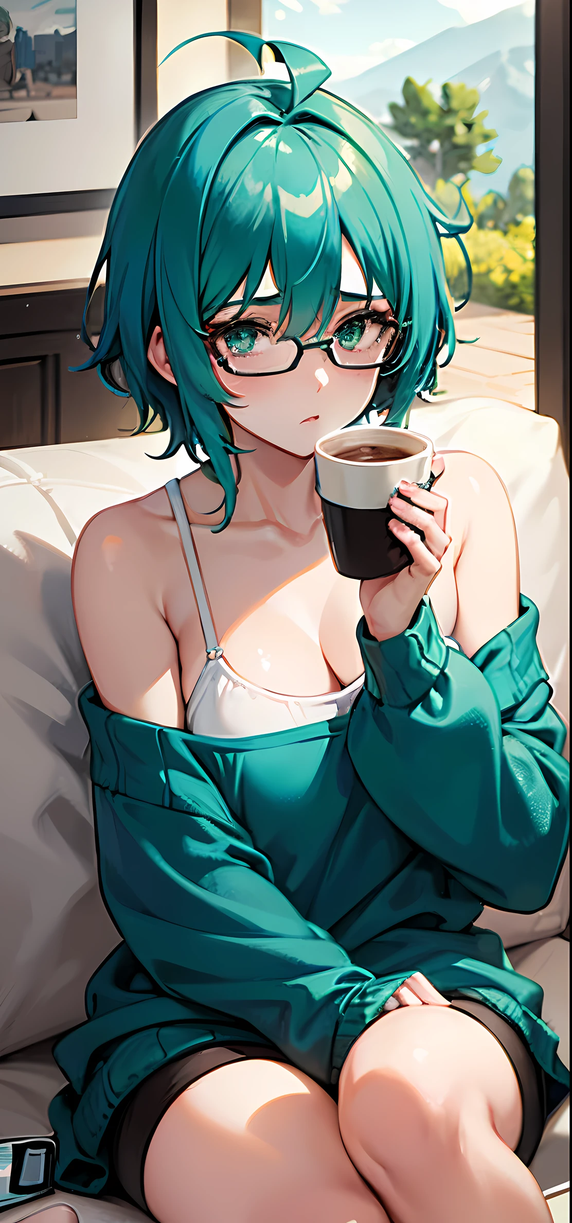 Anime girl with green hair and glasses sitting on a couch - SeaArt AI