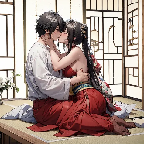 a man and a woman hugging and kissing on the mouth, japanese apartment