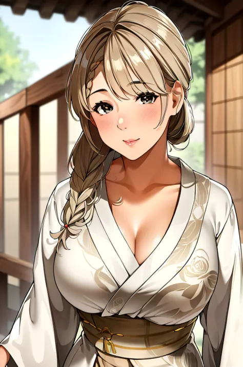 beige kimono,white rose print,japanese clothes,wide sleeves,long sleeves,
black eyes, brown hair,parted bangs,single braid, hair...