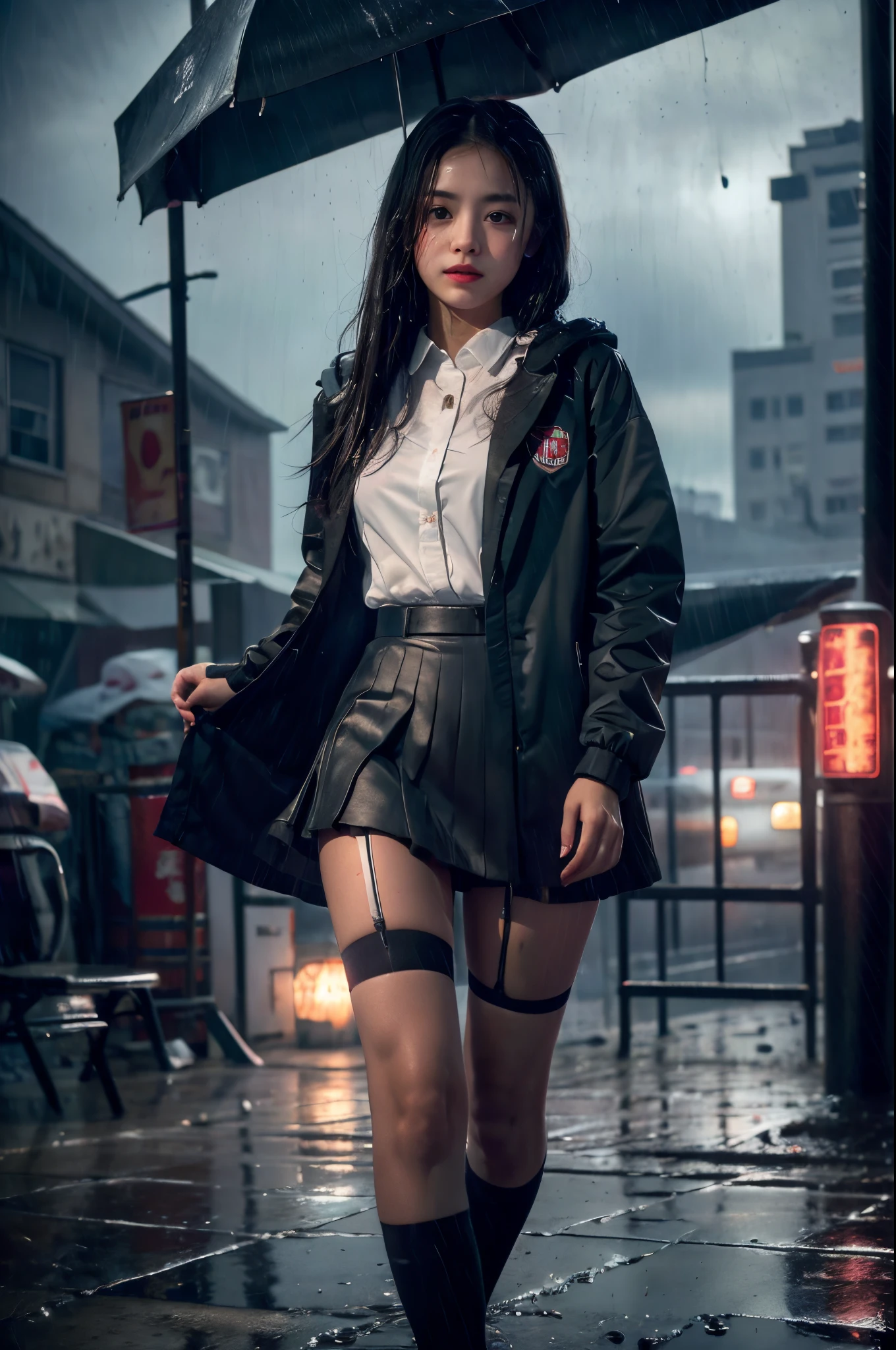 8K，tmasterpiece，Best quality，hyper-detailing，realistically，realistically，Extremely detailed face，电影灯光，电影灯光，ray traycing，unlit hair， On cloudy streets，Corner store，Bus stop，Buoggy and heavy rain，Girl with long black hair and black eyes.。She is wearing a red hooded jacket，White color blouse，Short black skirt and black garter belt，Clothes soaked by rain，Black exposure，depth of fieldtent ），Cinema lens lighting