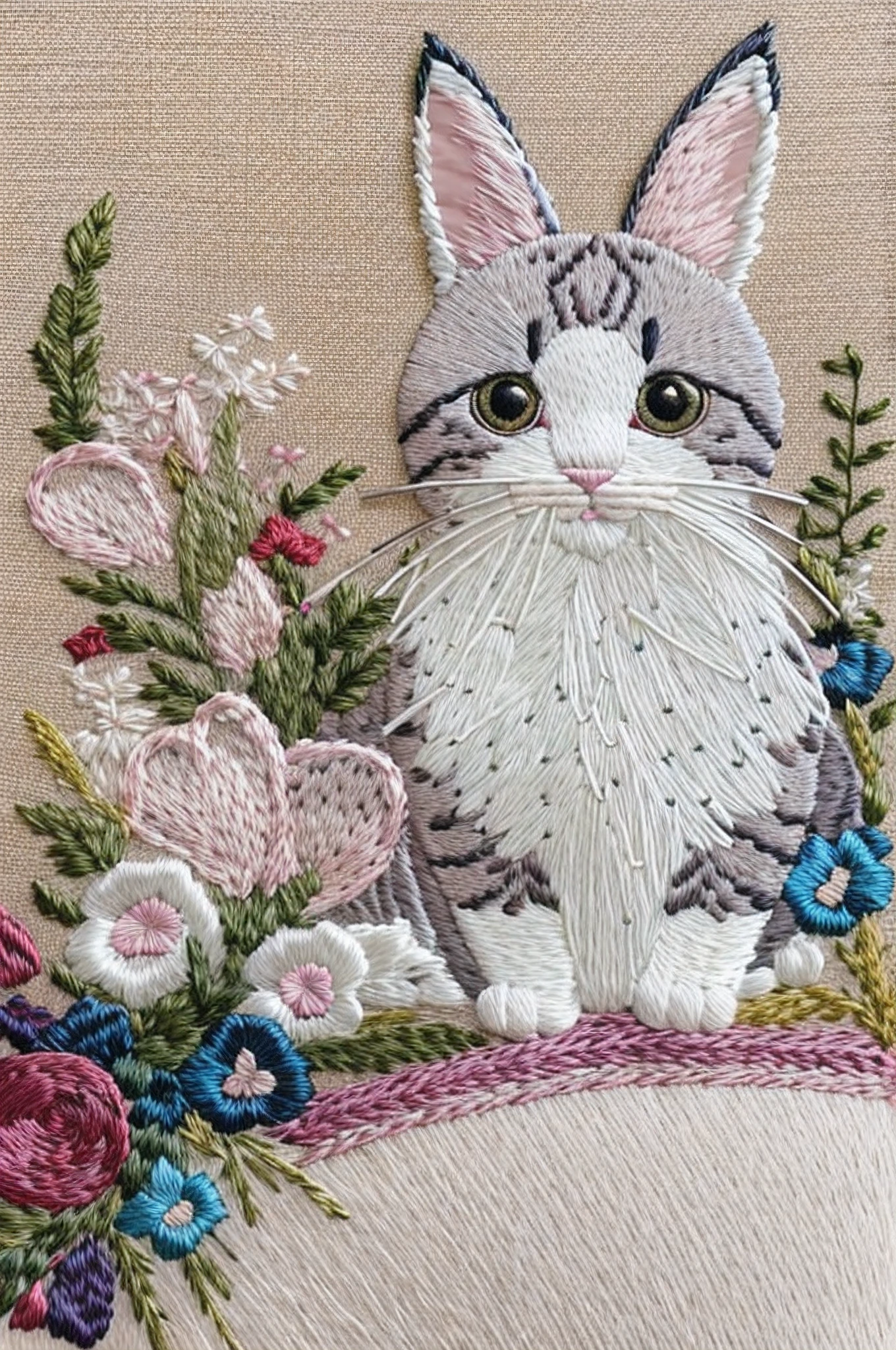 (Embroidery/embroidery/embroideries:1.2) , fluffy kittens,adorable bunny ears,delicate stitches,colorful threads,needlework art,soft and cuddly fabric,handcrafted masterpiece,meticulous attention to detail,tiny paw prints,playful expressions,embroidered whiskers,lovely floral patterns,vibrant and lively colors,gently glowing background lighting,artistic composition,exquisite embroidery techniques,precise needlework,expressive animal eyes,fluffy fur textures,meticulously stitched animals,breathtakingly charming scene,highly realistic embroidery,heartwarming and adorable,beautifully embroidered animals.