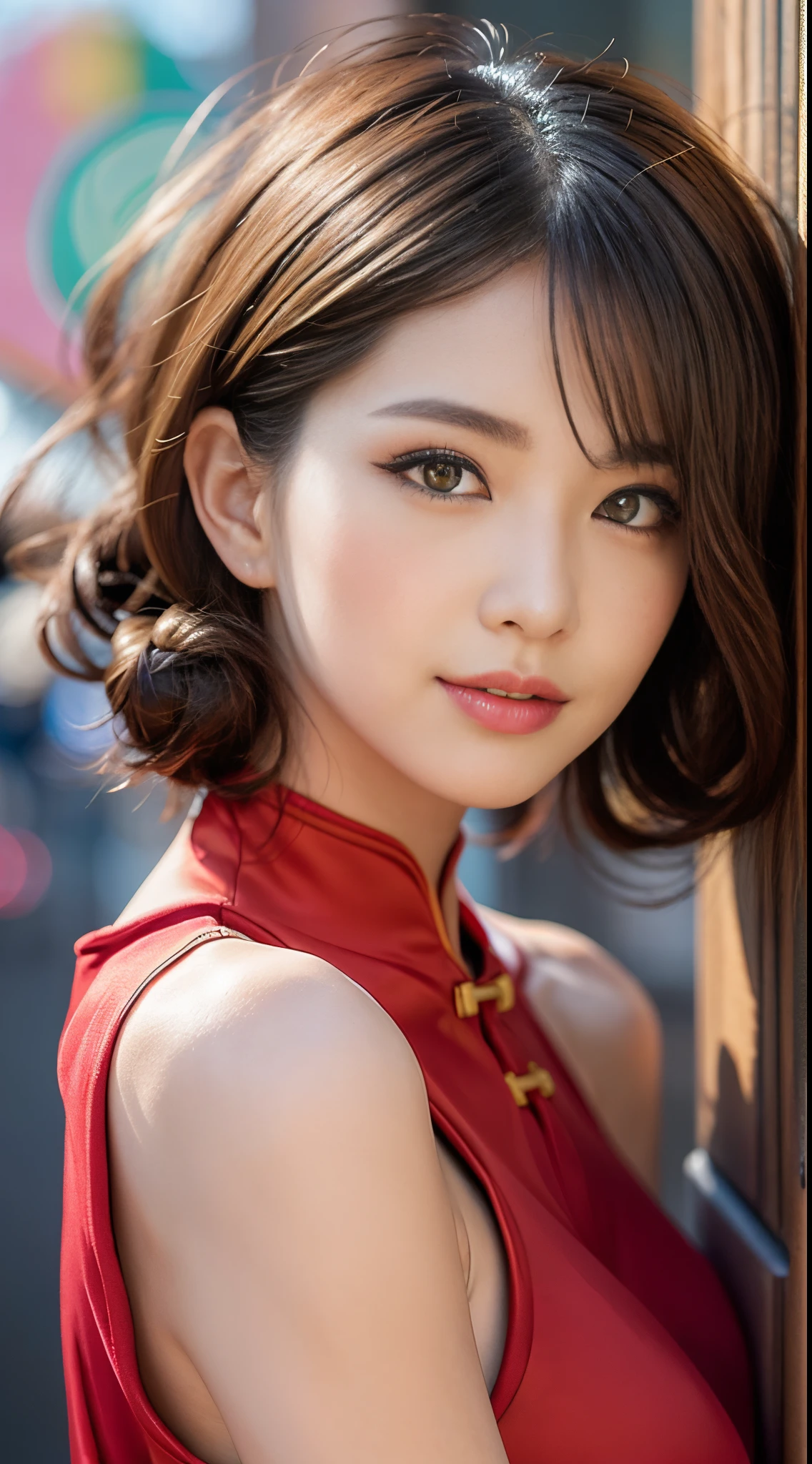(top-quality、8K、​masterpiece、nffsw:1.2)、Three 19-year-old slender beauties lined up，Flashy makeup with red eyeshadow，double eyelid，delicate mid-cut ponytail，sexy cheongsam and silk miniskirt，The best smile，She is wearing a sexy short colorful cheongsam。。。。。。，Chinese dress with deep slit，draw hands correctly，The background is the bright interior of a Chinese restaurant.......，