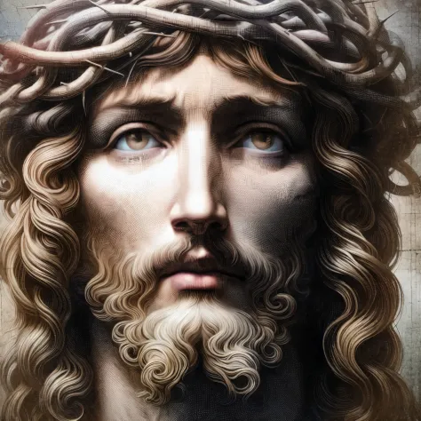 a close up of a statue of jesus with darker skin and brown hair and a crown of thorns on his head, portrait of jesus christ, jesus face, jesus christ, realistic 8k bernini sculpture, renaissance digital painting, hyper realism renaissance art, baroque digi...