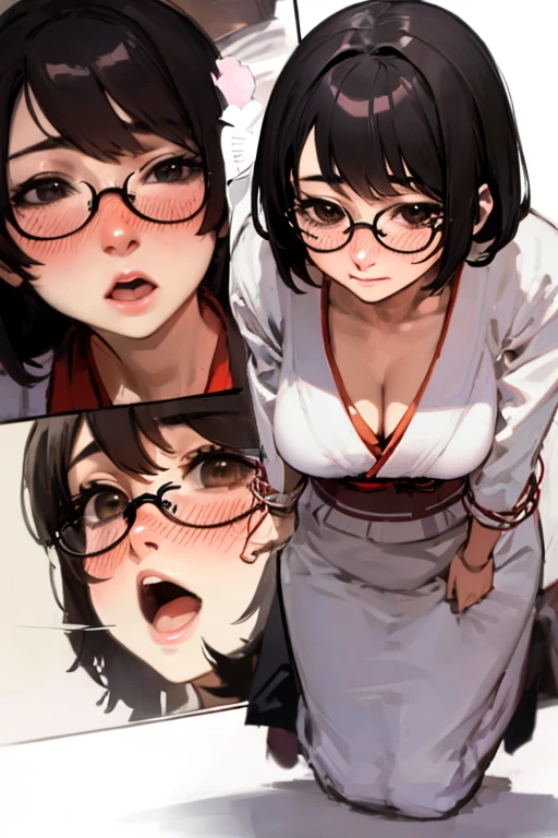 Stema Peace、hanekawa tsubasa、attack of glasses、A dark-haired、large boob、 (Black hair, Brown eyes, Round face), (nose blush, half opened eye),, [Full body shot]、eye glass、Head-to-toe shots、A dark-haired、wearing kimonos、The neck and hem are exposed、Her breasts are tied over her kimono..、