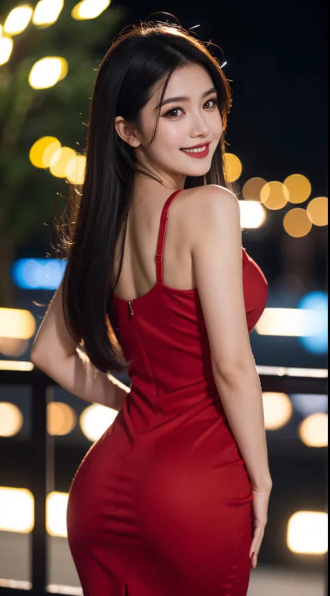 Full hd, super detail, high quality, master piace, bokeh, woman, 30 years, butt, red midi dress, make-up, nigth, moon ligth, sediction smile, lens flare