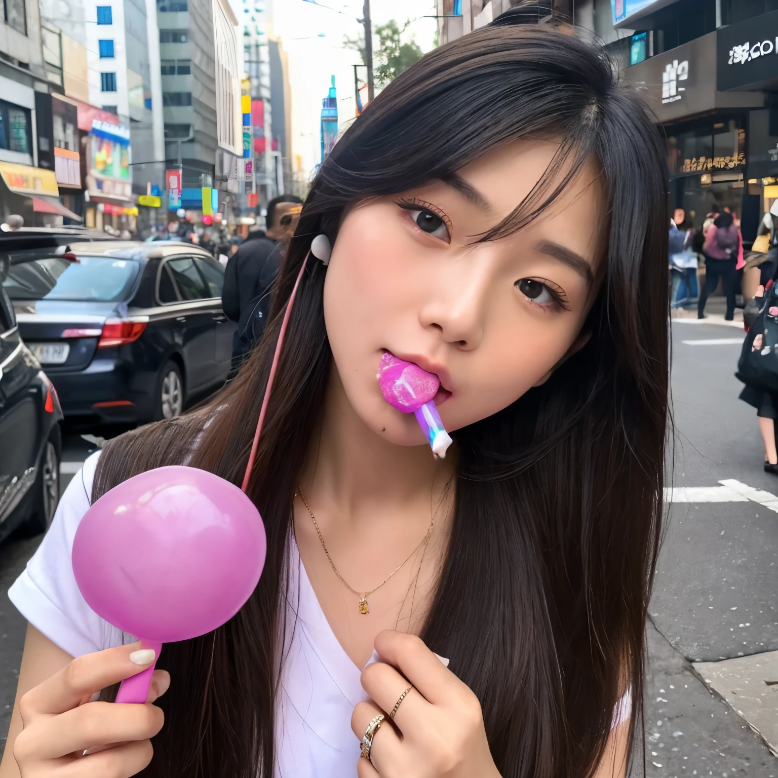 Araffe girl with a pink bubble gum in a city street - SeaArt AI