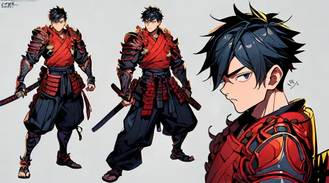 animated style of 2000s cartoon, boy male man samurai armor, helmet, katana character sheet turnaround, masterpiece, high quality, (hyper detail), fully body, RAW, 8K, UHD, natural lighting, perfect day, front pose, back pose, 3 expressive dynamic poses ex...
