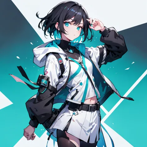 (masutepiece:1.2, Best Quality), [1 girl in, expressioness, Turquoise eyes,jet-black hair, half short hair,White jacket,Jacket is taken off, ] (Gray white background:1.3),