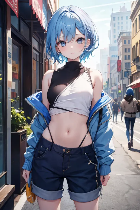１Girl of Man　Blue hair　Shoulder out　Navel Ejection　shortpants　In the street