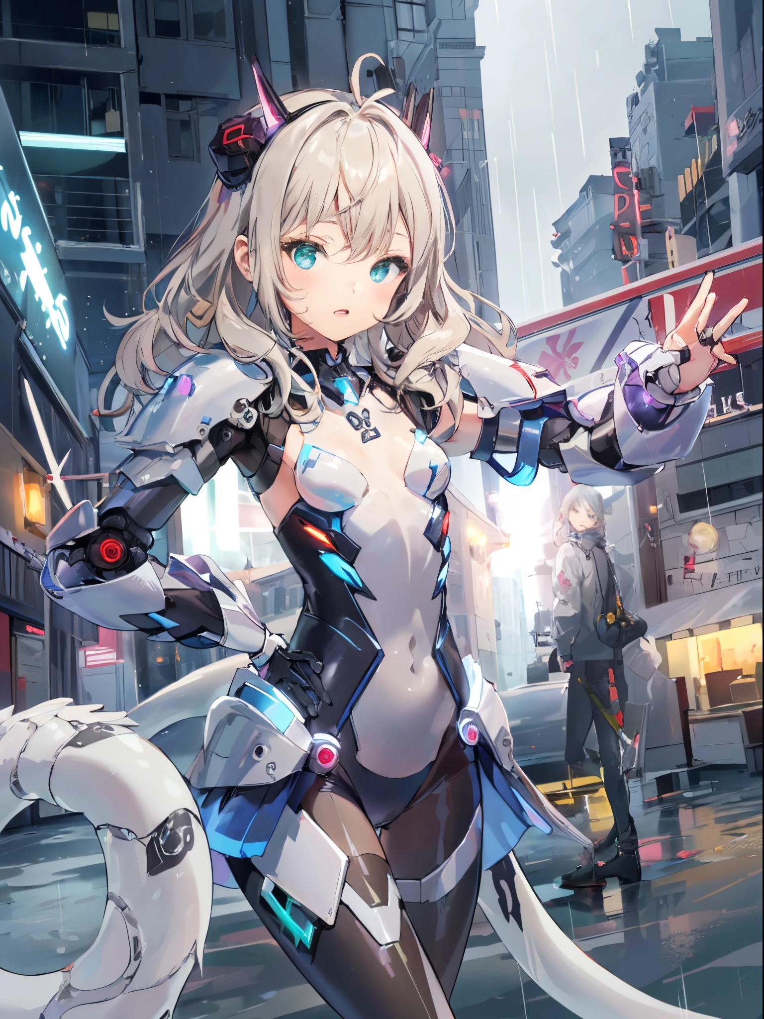 ((​masterpiece:1.4、top-quality))+、(ultra-detailliert)+、
1 girl in、cyberpunkcity、flat-chest、hair wavy、mecha clothes、(robot girl)、Cool move、Silver Bodysuit、colorful backdrop、rainy day、(lightning effects)、Silver Dragon Armor、(cold face)、cowboy  shot、cute girl