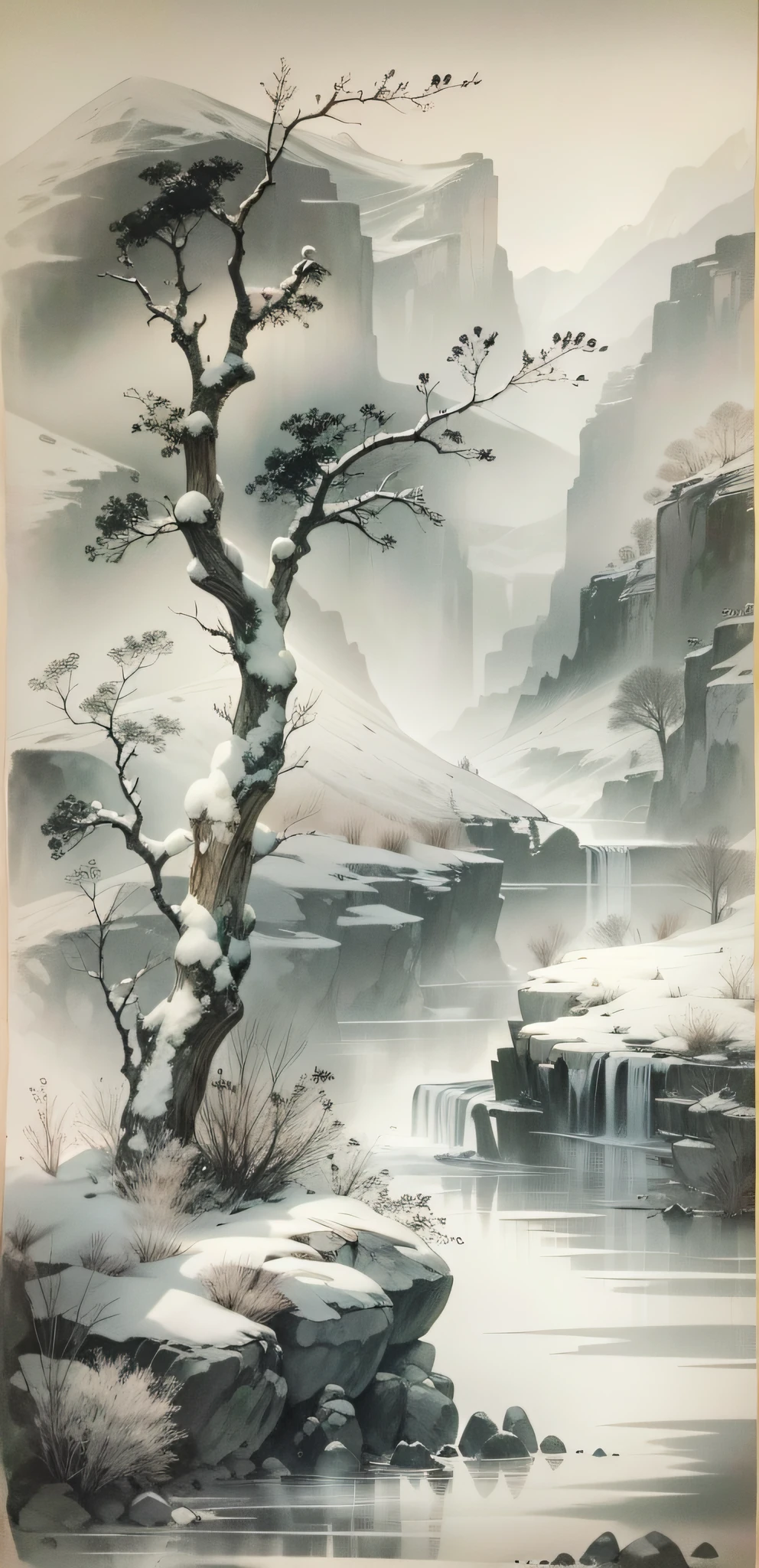 Black and white Chinese 墨水 painting，water 墨水，墨水，骯髒的，寒冷的江雪中独自划船钓鱼，空河，空靈的氣息，美麗的意境，中國古詩詞