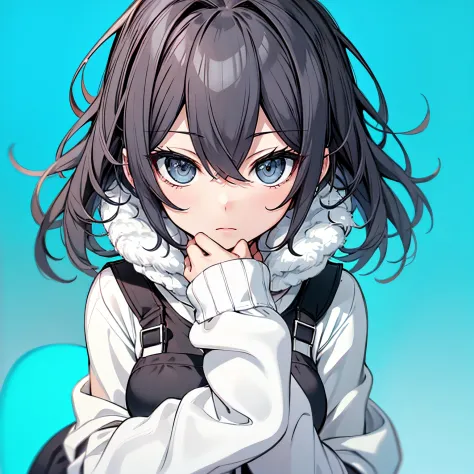 (masutepiece:1.2, Best Quality),  [girl, expressioness, Turquoise eyes, front facing, jet-black hair, Cafe Apron] (Gray white background:1.3),