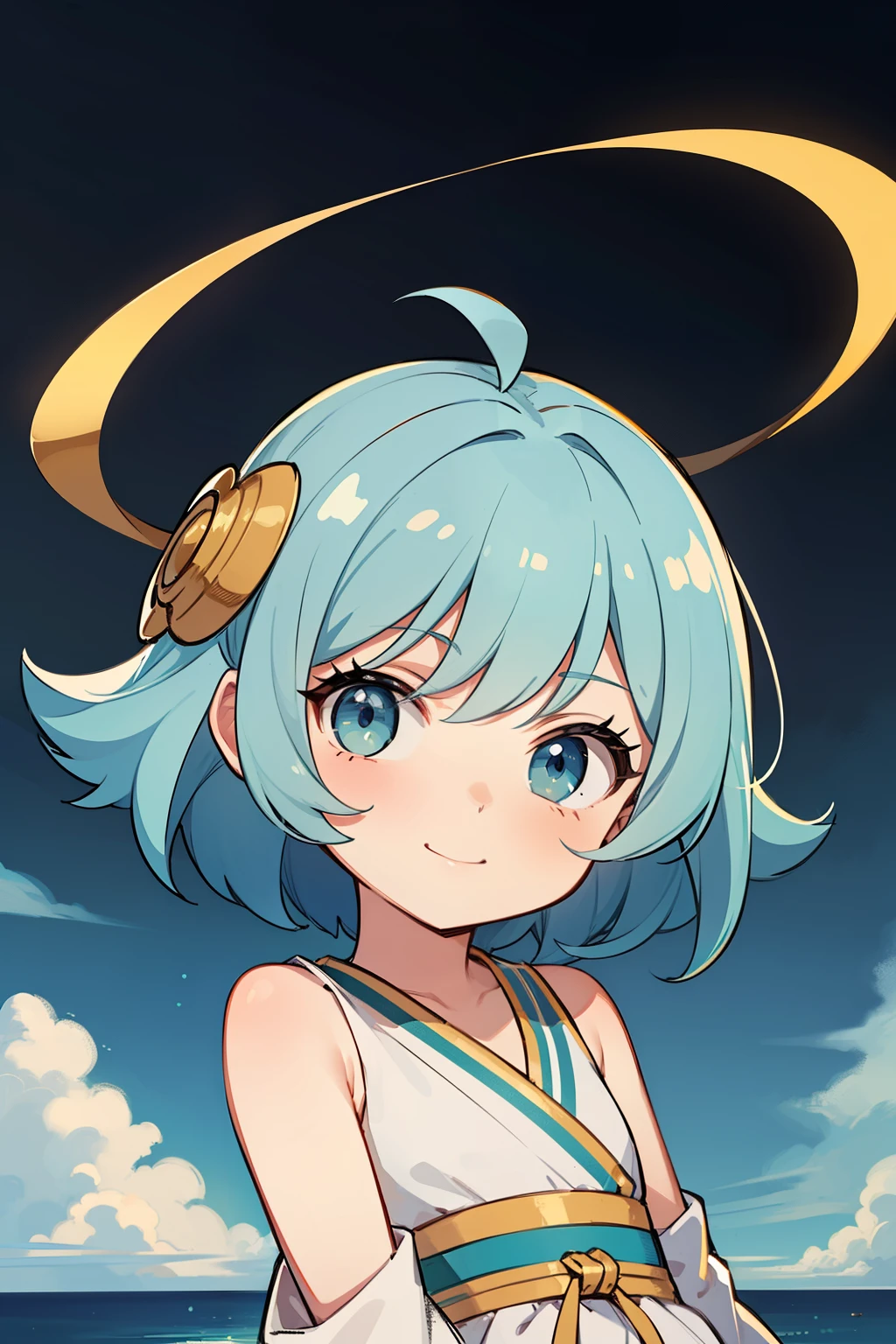 (high-quality, breathtaking),(expressive eyes, perfect face) 1girl, girl, solo, young kid, child, chibi, toddler, medium blue hair, green coloured eyes, stylised hair, gentle smile, longlength hair, loose hair, side bangs, curley hair, really spiky hair, spiked up hair, looking at viewer, portrait, ancient greek clothes, blue black and white tunic, white Chlamys, sleeveless, greek, blue and gold sash, ocean background, ribbons accessory in hair, slightly narrow eyes, baby face, baby body, small body, small head, baby, 36½ inches tall, chibi art style