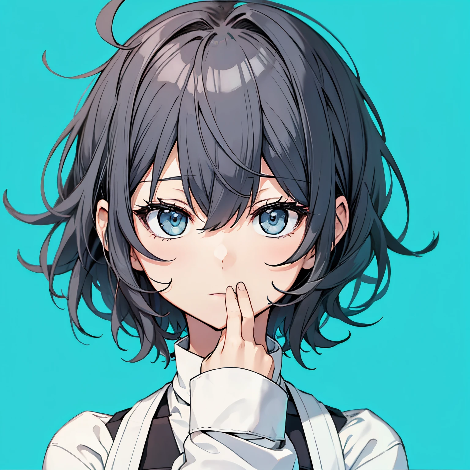 (masutepiece:1.2, Best Quality),  [girl, expressioness, Turquoise eyes, front facing, jet-black hair, half short hair,Jacket is taken off, Cafe Apron,] (Gray white background:1.3),