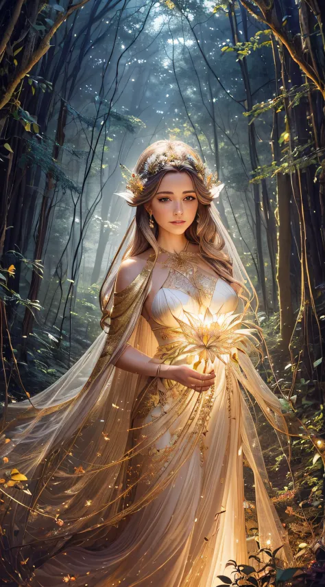 arafed woman in a flowing dress in a forest, gold ethereal light, goddess of light, heather theurer, beautiful maiden, fey queen...