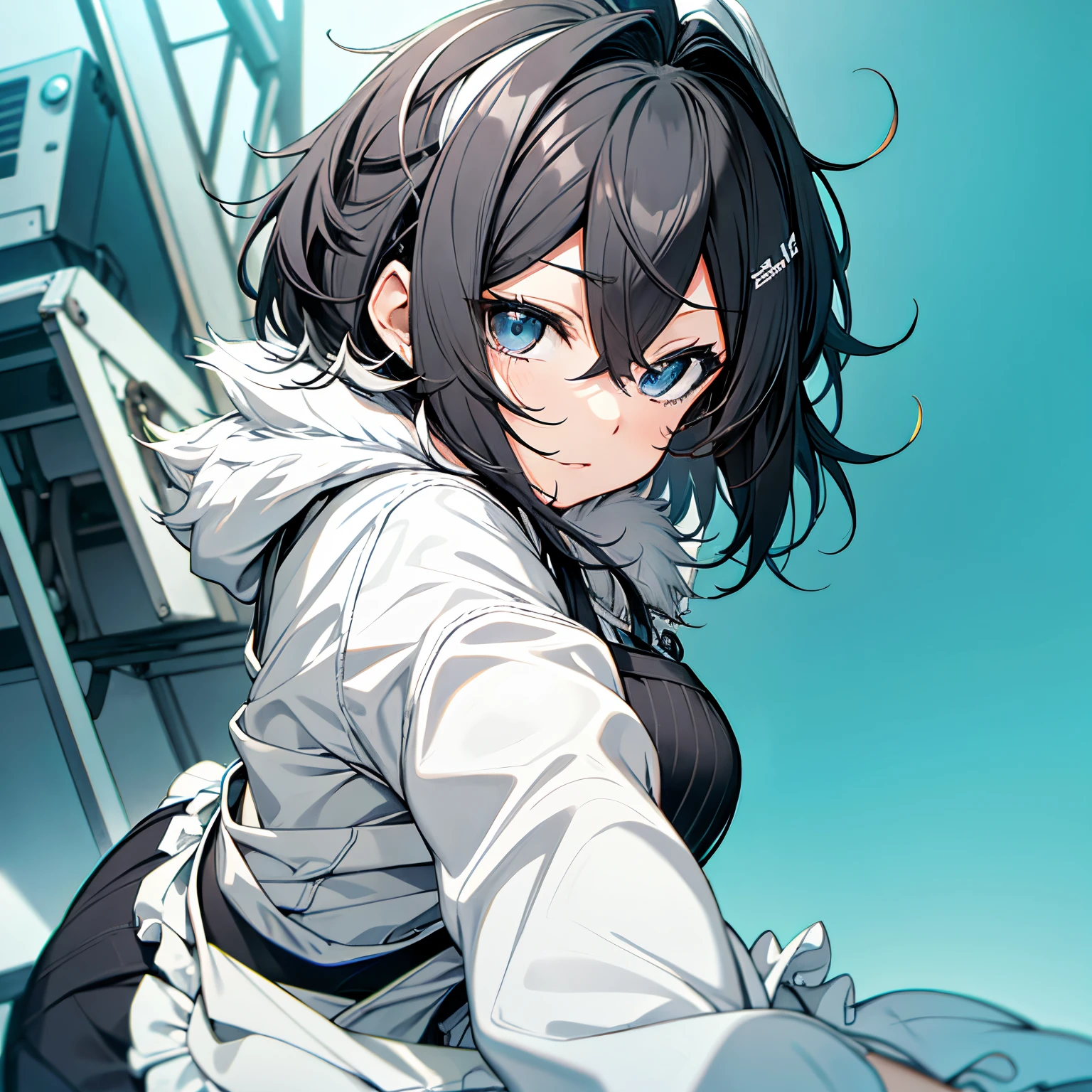 (masutepiece:1.2, Best Quality),  [girl, expressioness, Turquoise eyes, front facing, jet-black hair, half short hair,straight hair, Jacket is taken off, Cafe Apron,black frill skirt,] (Gray white background:1.3),