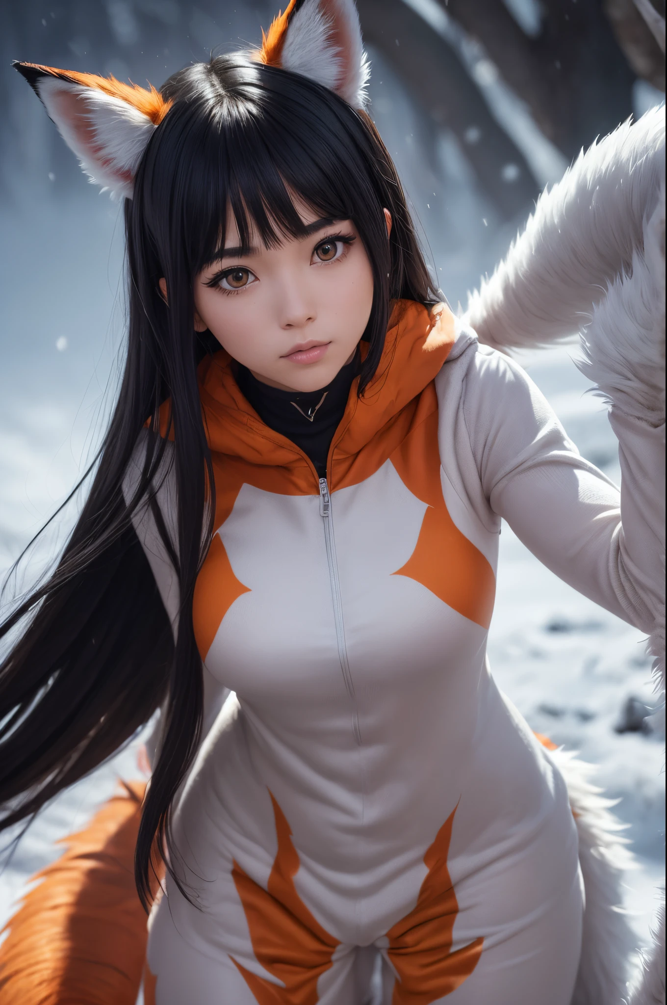 Ultra-realistic capture, Highly detailed, High resolution 16k close-up of human skin, Skin texture must be natural, Detailed enough to finely identify pores, Skin should look healthy, In a uniform tone, Use natural light and color, ahri, ahri_(lize_In the_legends), 1girl in, absurderes, animal_Ears, Black_hair, Detached_sleeves, Distri, facial arcs, Fox_Ears, Fox_tail, Hand_ ass hole up, hight resolution, lize_In the_legends, long_hair, Snow Suit, Magic, multiple_tailed, white_tailed, orange_Eyes, parted_Lips, Solo, Standing, tail, full_Body, arms behind back, appearance々Let&#39;s take Japanese monsters with us, ((Wearing a demon fox costume)), ((In a pose where you attack with both hands))