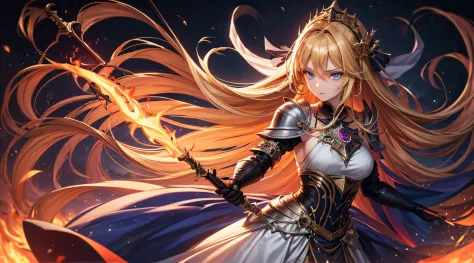 masutepiece,best quality,ultra-detailliert,1 female magician,upperbody shot,fire magic wand,blonde hair,long hair,blue eye,strai...