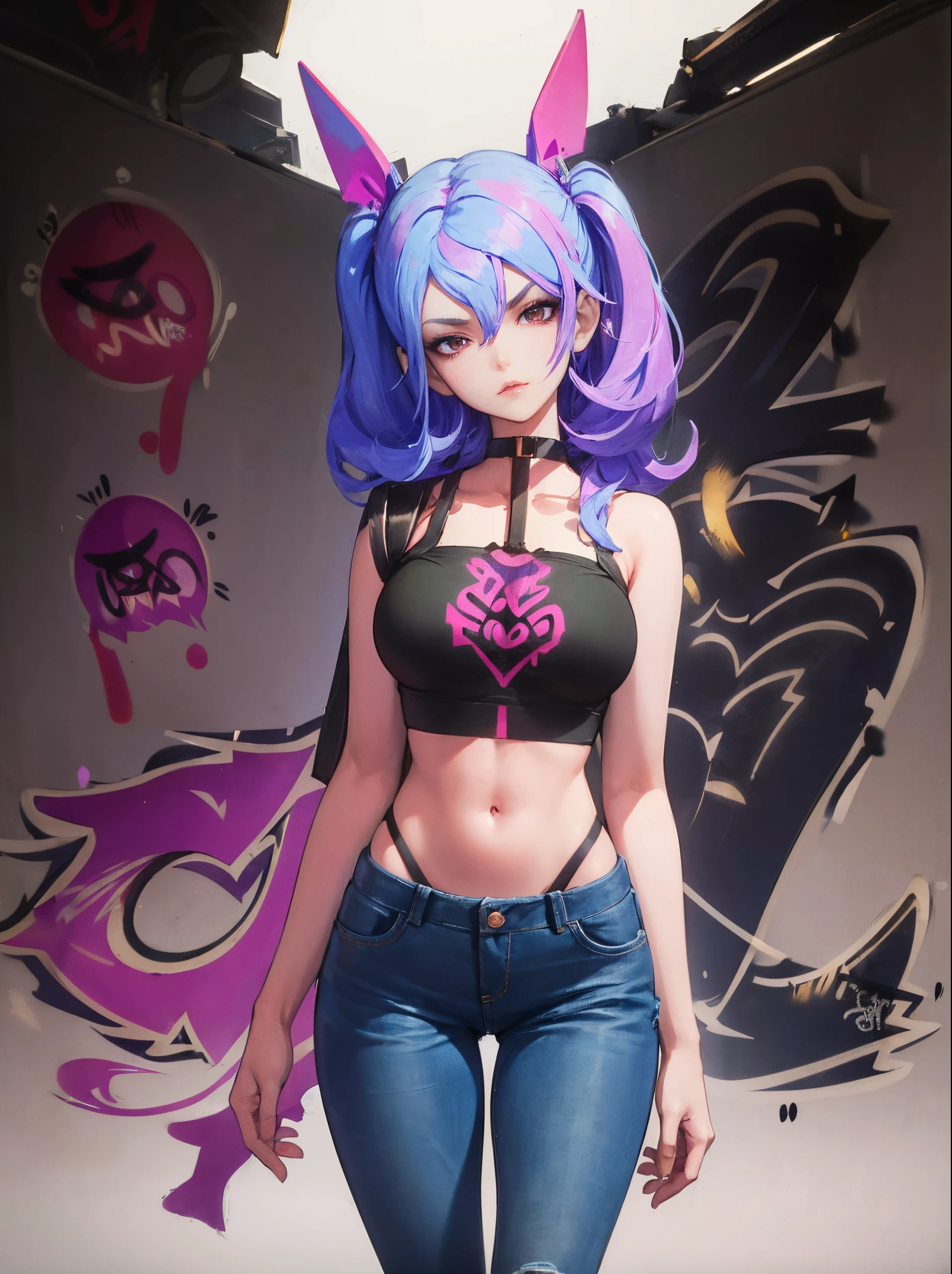 Veera|Arena of Valor, master-piece, bestquality, 1girls,25 years old, proportional body, elongated legs, Beautiful, proportional., crop top, Long Jeans, gigantic breasts, ,bara, crop top, choker, (Graffiti:1.5), Splash with purple lightning pattern., arm behind back, against wall, View viewers from the front., Thigh strap, Head tilt, bored,