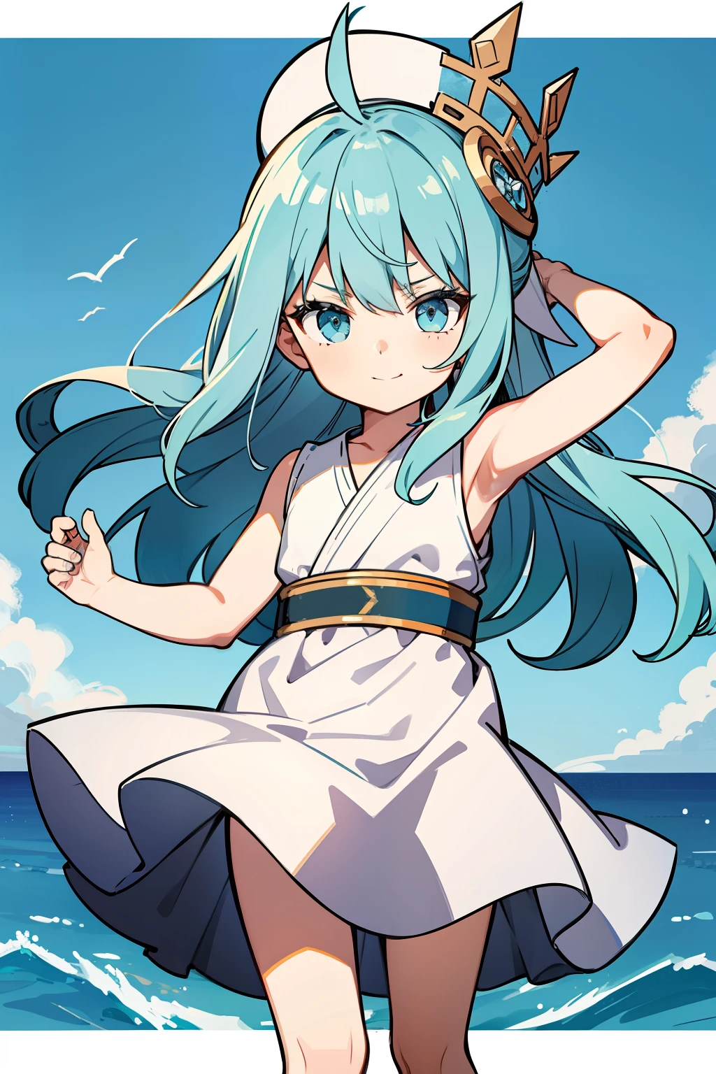 (high-quality, breathtaking),(expressive eyes, perfect face) 1girl, girl, solo, young kid, , chibi, toddler, long blue hair, green coloured eyes, stylised hair, gentle smile, medium length hair, loose hair, side bangs, curley hair, really spiky hair, spiked up hair, looking at viewer, portrait, ancient greek clothes, blue black and white tunic, white Chlamys, sleeveless, greek, blue and gold sash, ocean background, sea shell accessories in hair, slightly narrow eyes, baby face, baby body, , small head, baby, 36½ inches tall, chibi art style