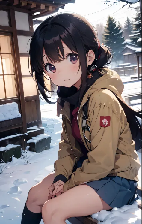 masutepiece, Best Quality, hight resolution,10yaers old,(Hashikuji Temple Mayoi),Anime girl sitting on a child&#39;The tree々sled in the snow against the background of, In the snow, in snow, (Snow), at winter, yuruyuri, akiko takase, winter snow, Illustrati...