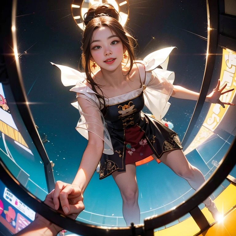 ( Masterpiece, best quality , shot from below , 75mm lens, fisheye:1.2 ), ((pov from below:1.4)), (( various places:1.5, glass panels, vibrant , extreme high detailed, intricate details )). ( 1woman_/(seulgi/),  [plump cheeks], transparent glasses, dark hair with blonde highlights, smile, beautiful eyes, wearing various ootd ), ( cinematic lighting, backlit, soft light)